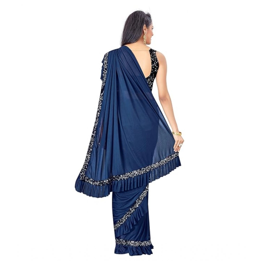 Amfyn Women's Lycra Solid Saree With Unstitched Blouse (Nay Blue, 5.5 Mtr)