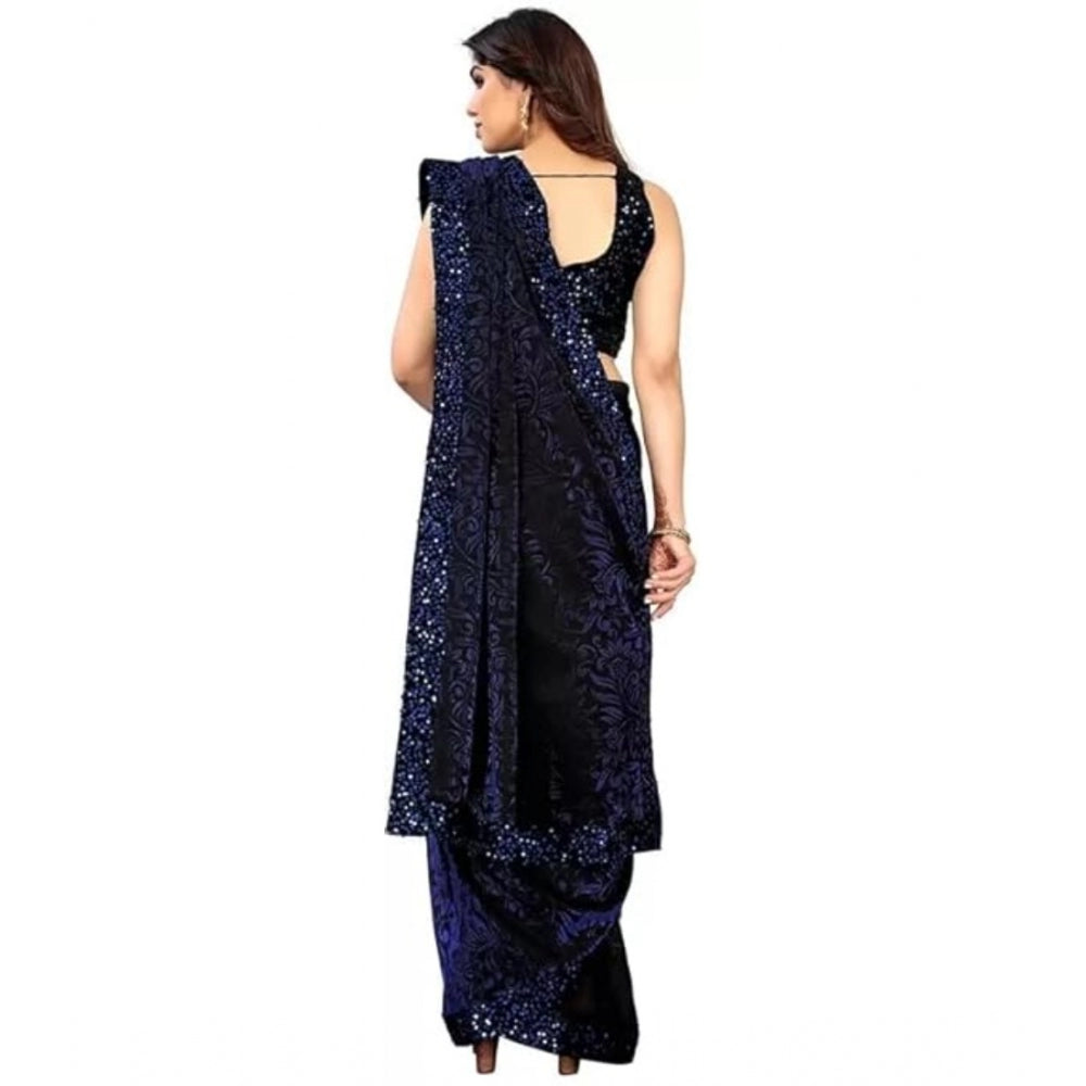 Amfyn Women's Lycra Floral Saree With Unstitched Blouse (Blue, 5.5 Mtr)