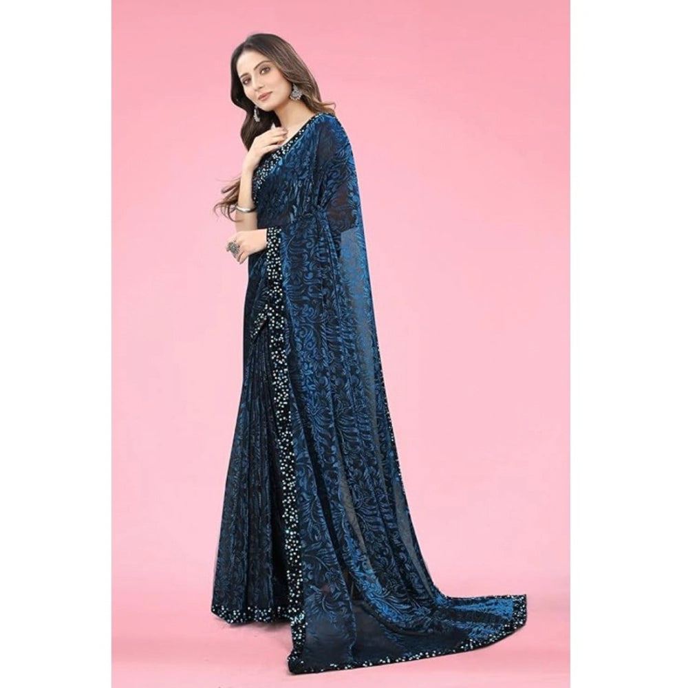 Amfyn Women's Lycra Floral Saree With Unstitched Blouse (Blue, 5.5 Mtr)