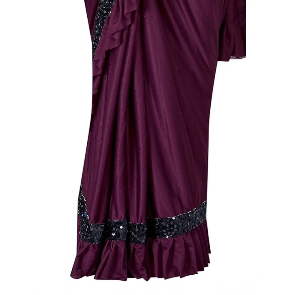 Amfyn Women's Lycra Solid Saree With Unstitched Blouse (Wine, 5.5 Mtr)