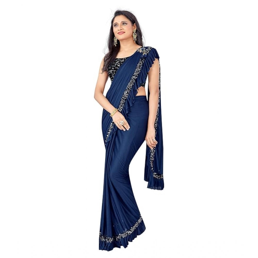 Amfyn Women's Lycra Solid Saree With Unstitched Blouse (Nay Blue, 5.5 Mtr)