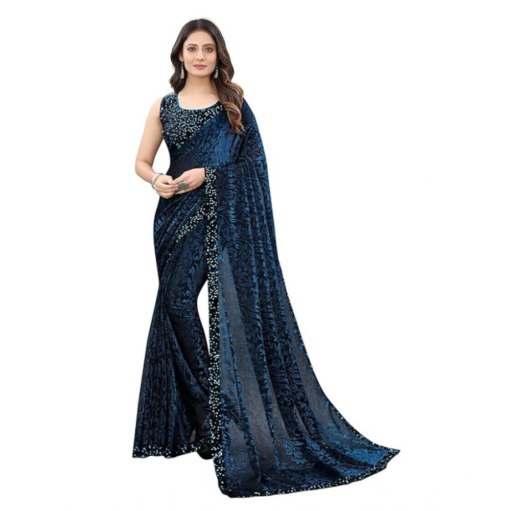 Amfyn Women's Lycra Floral Saree With Unstitched Blouse (Blue, 5.5 Mtr)