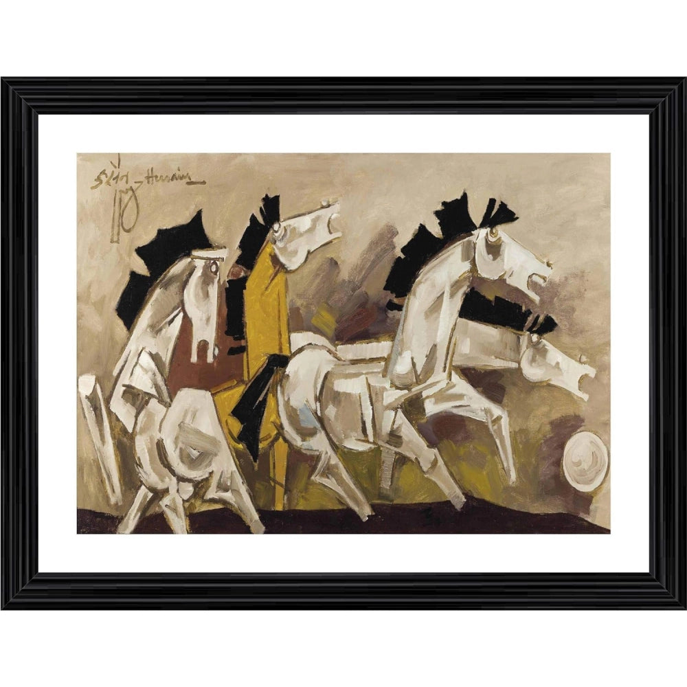 Amfyn Four Horses Painting With Wood Photo Frame (Multicolor)