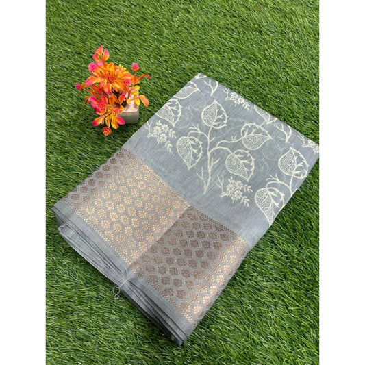 Amfyn Women's Cotton Blend Printed Saree With Unstitched Blouse (Grey, 5-5 Mtrs)