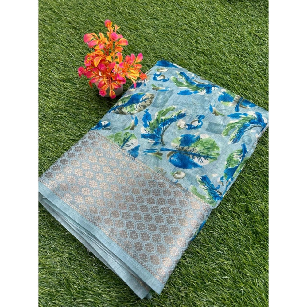 Amfyn Women's Linen Printed Saree With Unstitched Blouse (Skyblue, 5-5 Mtrs)