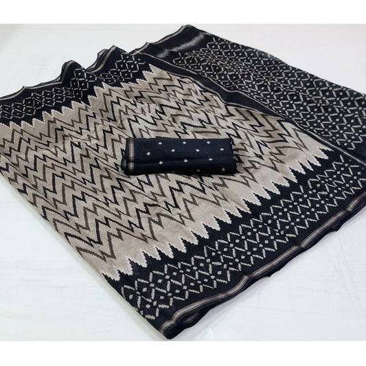 Amfyn Women's Cotton Printed Saree With Unstitched Blouse (Grey, 5-5 Mtrs)