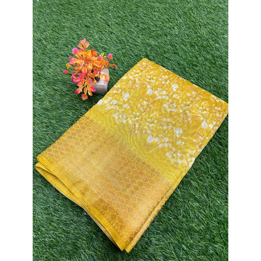 Amfyn Women's Linen Printed Saree With Unstitched Blouse (Yellow, 5-5 Mtrs)