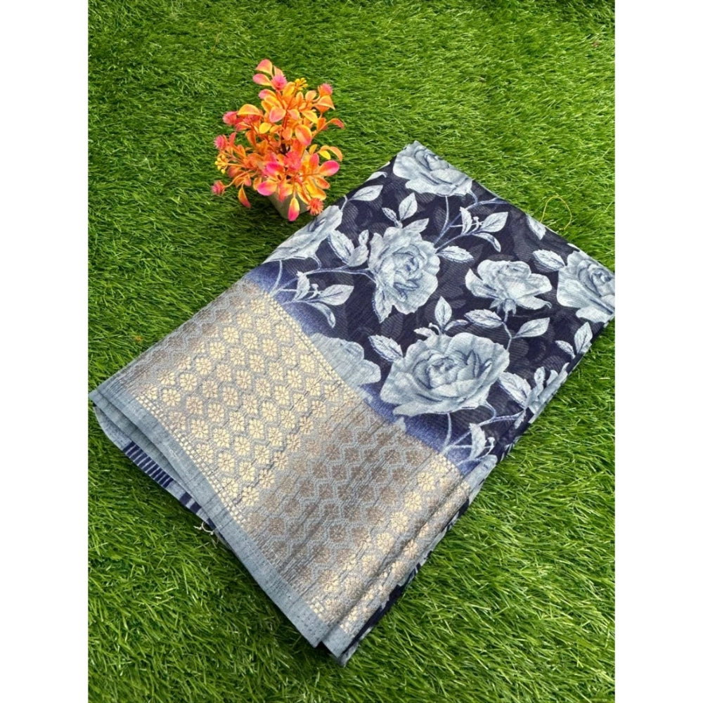 Amfyn Women's Cotton Printed Saree With Unstitched Blouse (Black, 5-5 Mtrs)