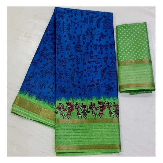 Amfyn Women's Cotton Printed Saree With Unstitched Blouse (Blue, 5-5 Mtrs)
