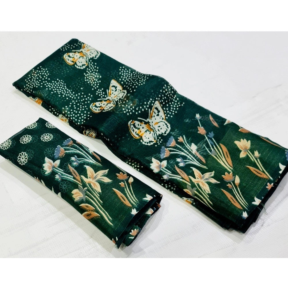 Amfyn Women's Cotton Printed Saree With Unstitched Blouse (Green, 5-5 Mtrs)