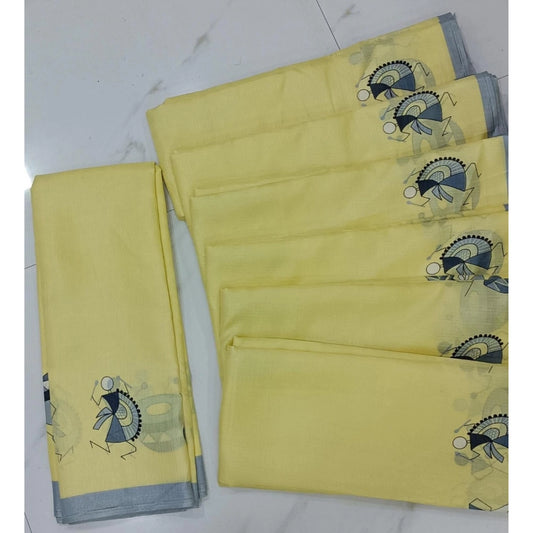 Amfyn Women's Cotton Silk Printed Saree With Unstitched Blouse (Yellow, 5-5 Mtrs)