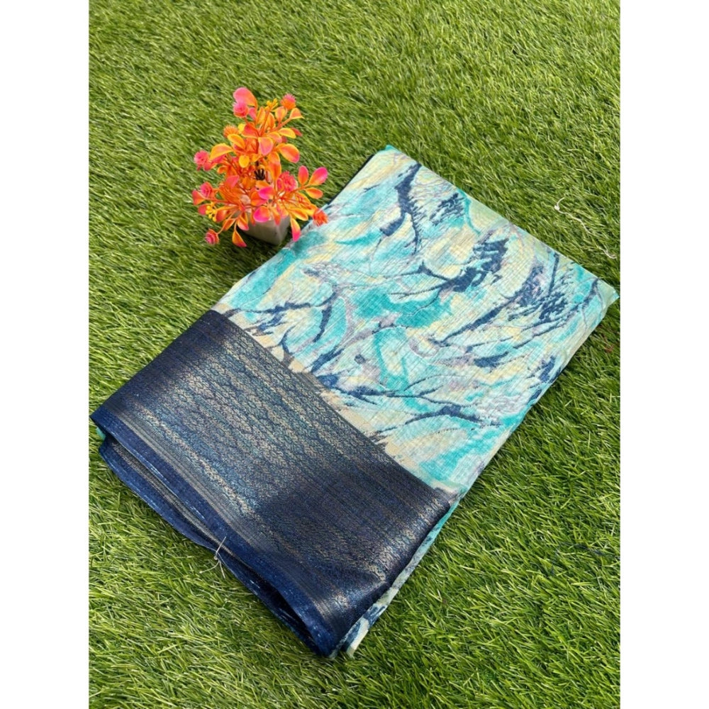 Amfyn Women's Cotton Printed Saree With Unstitched Blouse (Blue, 5-5 Mtrs)