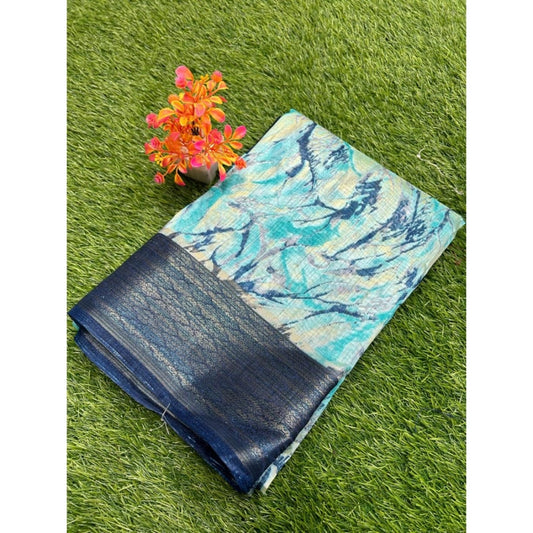Amfyn Women's Cotton Printed Saree With Unstitched Blouse (Blue, 5-5 Mtrs)