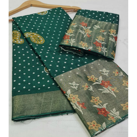 Amfyn Women's Cotton Silk Printed Saree With Unstitched Blouse (Green, 5-5 Mtrs)