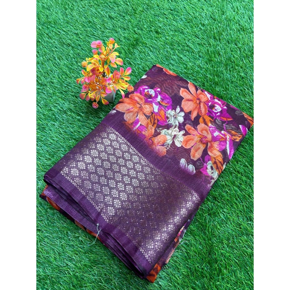 Amfyn Women's Cotton Printed Saree With Unstitched Blouse (Purple, 5-5 Mtrs)