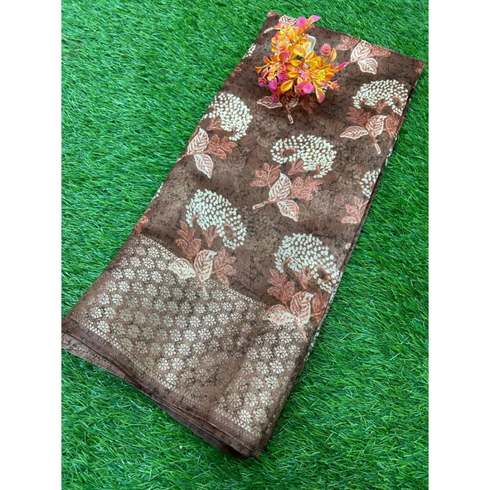 Amfyn Women's Cotton Printed Saree With Unstitched Blouse (Brown, 5-5 Mtrs)