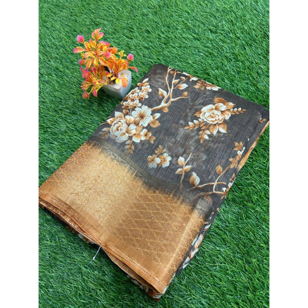 Amfyn Women's Linen Printed Saree With Unstitched Blouse (Black, 5-5 Mtrs)