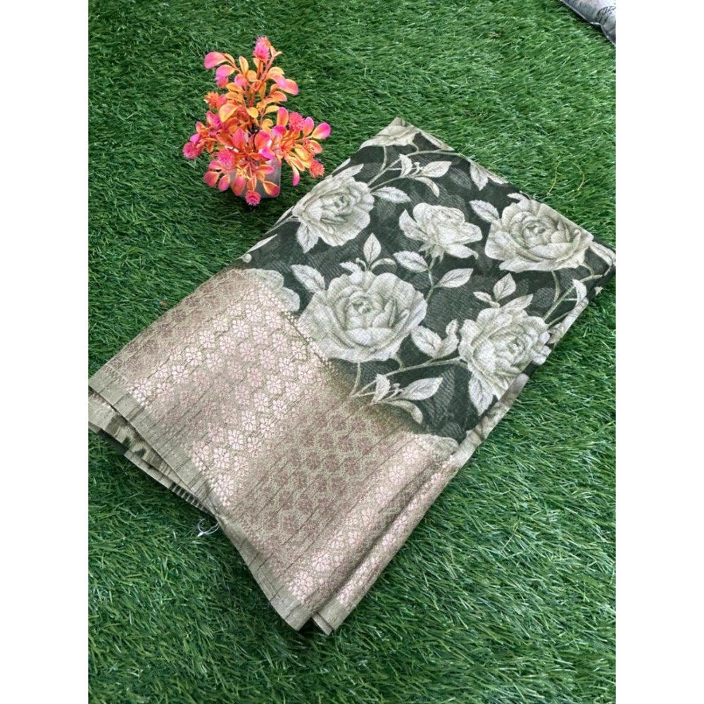 Amfyn Women's Cotton Printed Saree With Unstitched Blouse (Dark-Green, 5-5 Mtrs)