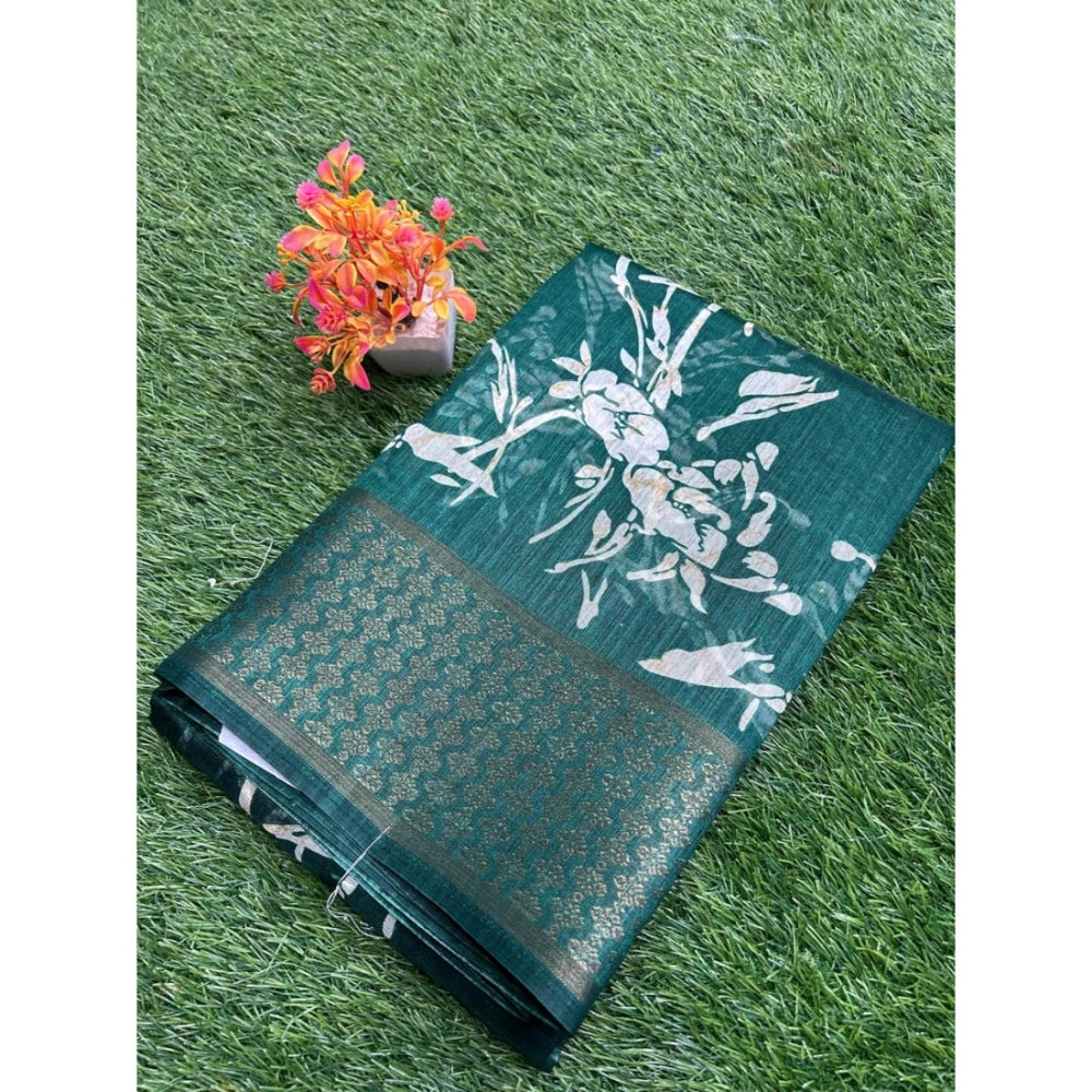Amfyn Women's Cotton Printed Saree With Unstitched Blouse (Green, 5-5 Mtrs)