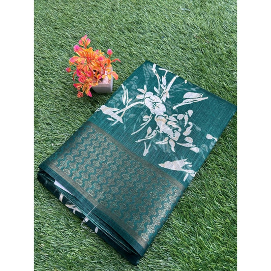 Amfyn Women's Cotton Printed Saree With Unstitched Blouse (Green, 5-5 Mtrs)