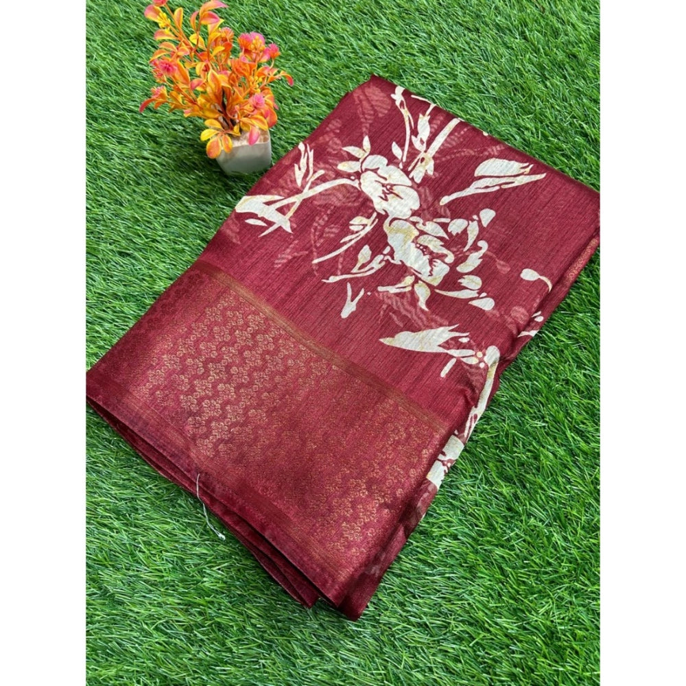 Amfyn Women's Cotton Printed Saree With Unstitched Blouse (Maroon, 5-5 Mtrs)