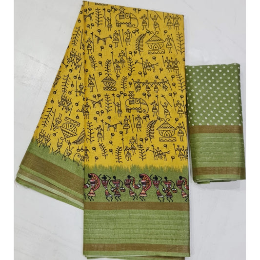 Amfyn Women's Cotton Printed Saree With Unstitched Blouse (Yellow, 5-5 Mtrs)