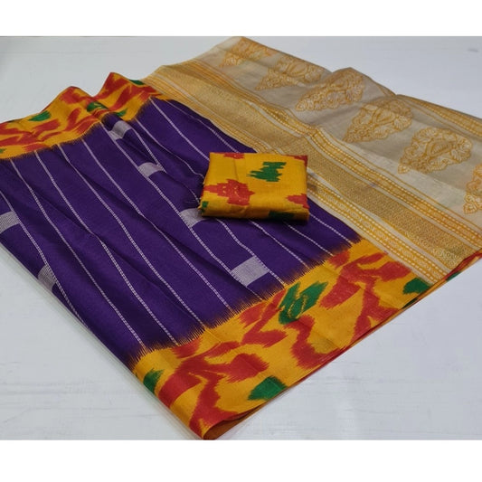Amfyn Women's Cotton Silk Printed Saree With Unstitched Blouse (Purple, 5-5 Mtrs)