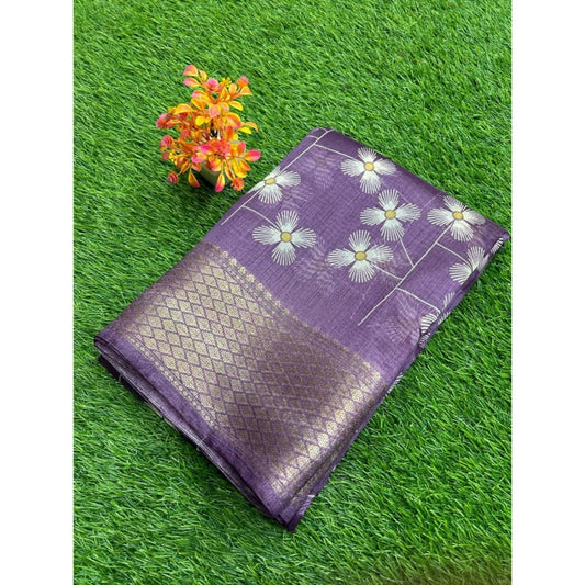 Amfyn Women's Cotton Printed Saree With Unstitched Blouse (Purple, 5-5 Mtrs)