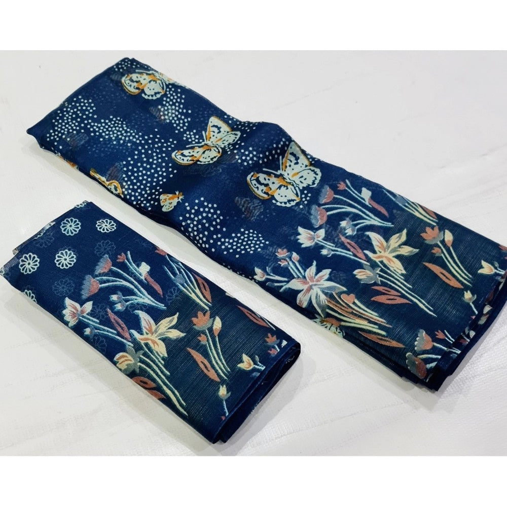 Amfyn Women's Cotton Printed Saree With Unstitched Blouse (Blue, 5-5 Mtrs)