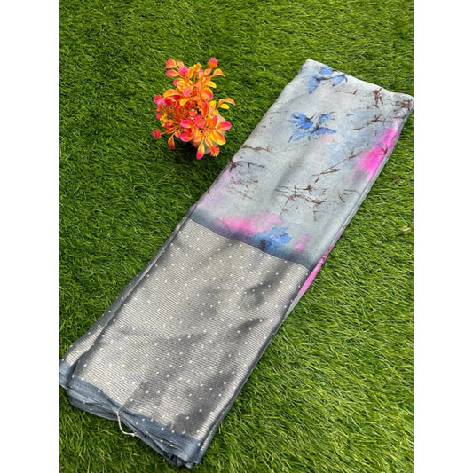 Amfyn Women's Brasso Printed Saree With Unstitched Blouse (Grey, 5-5 Mtrs)