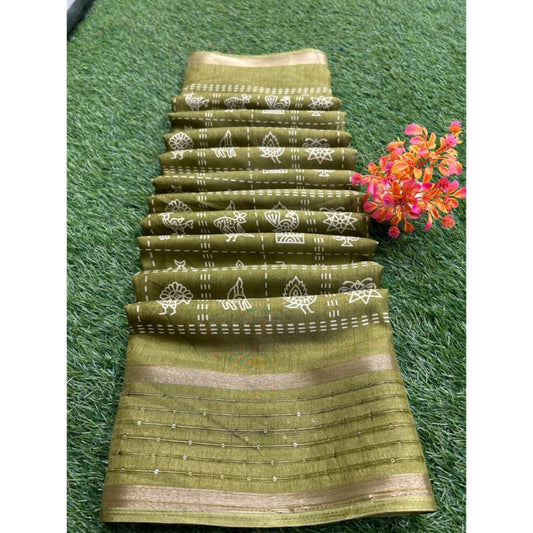 Amfyn Women's Art Silk Printed Saree With Unstitched Blouse (Dark-Green, 5-5 Mtrs)