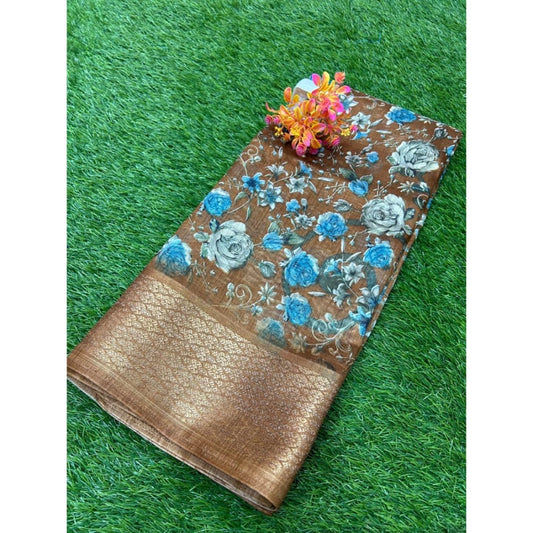 Amfyn Women's Cotton Printed Saree With Unstitched Blouse (Brown, 5-5 Mtrs)