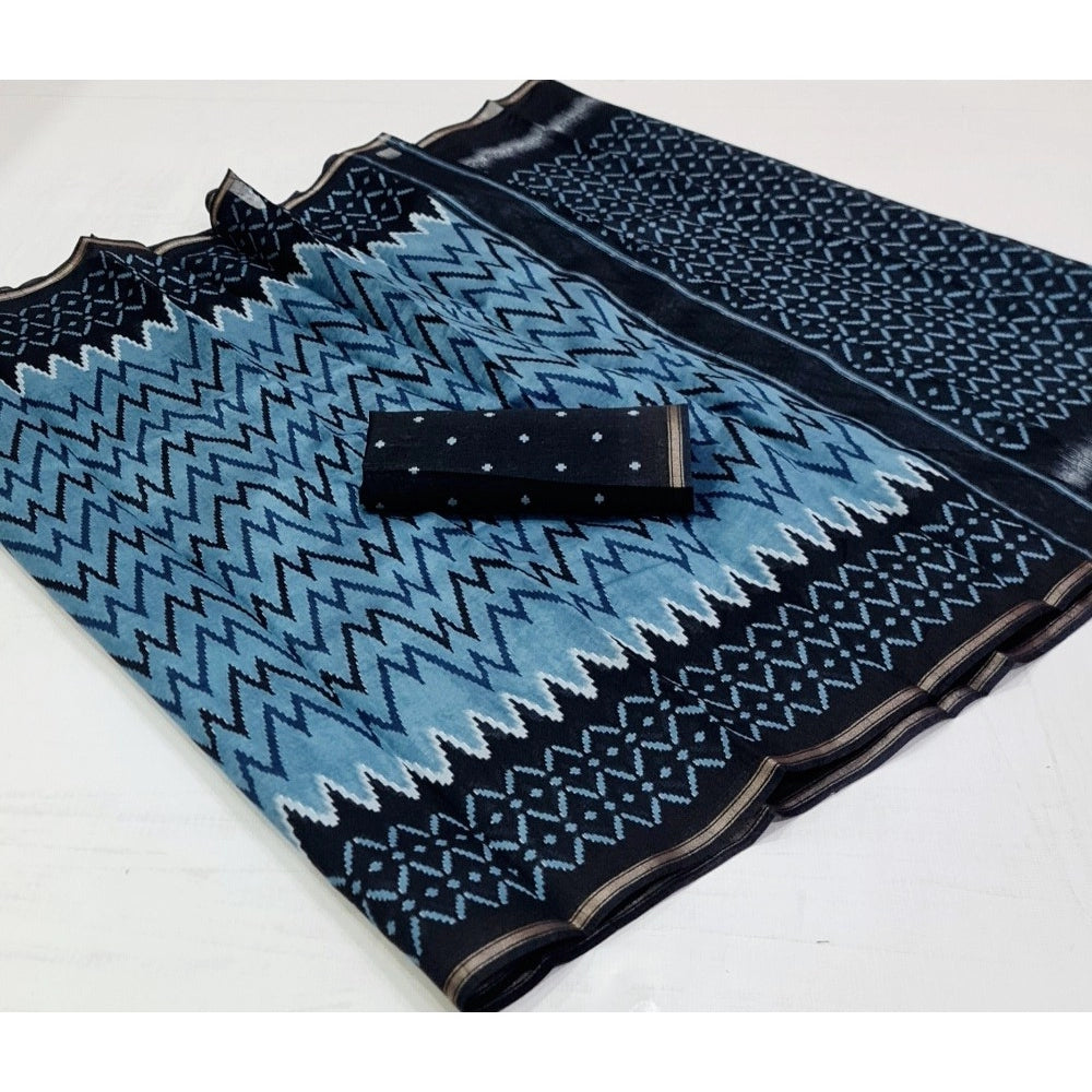 Amfyn Women's Cotton Printed Saree With Unstitched Blouse (Blue, 5-5 Mtrs)