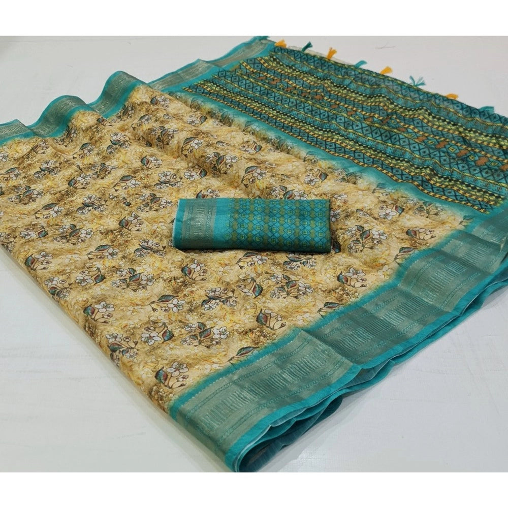 Amfyn Women's Cotton Printed Saree With Unstitched Blouse (Yellow, 5-5 Mtrs)