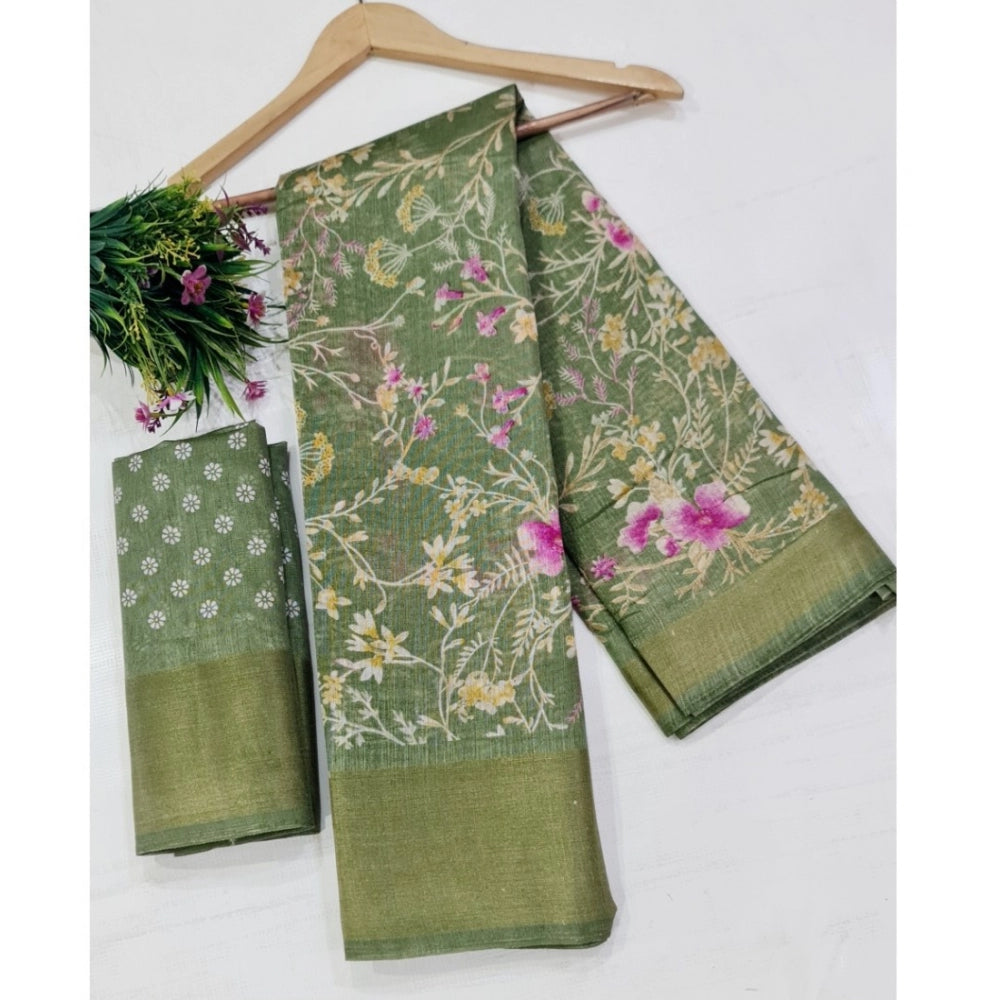 Amfyn Women's Cotton Printed Saree With Unstitched Blouse (Green, 5-5 Mtrs)