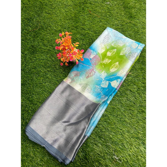 Amfyn Women's Brasso Printed Saree With Unstitched Blouse (Skyblue, 5-5 Mtrs)