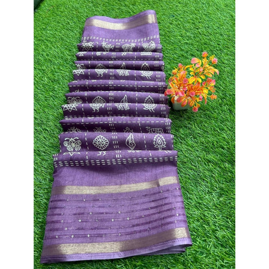 Amfyn Women's Art Silk Printed Saree With Unstitched Blouse (Purple, 5-5 Mtrs)