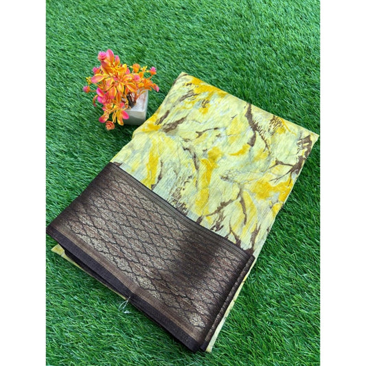 Amfyn Women's Cotton Printed Saree With Unstitched Blouse (Yellow, 5-5 Mtrs)