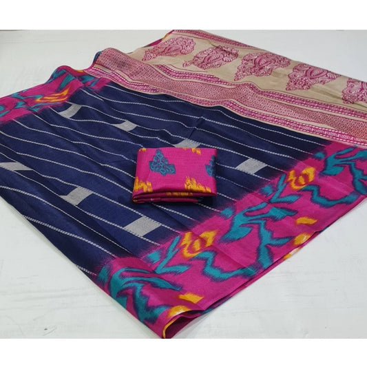 Amfyn Women's Cotton Silk Printed Saree With Unstitched Blouse (Dark-Blue, 5-5 Mtrs)