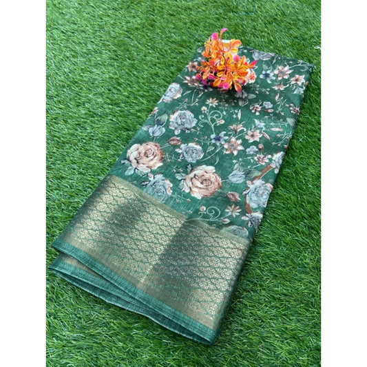 Amfyn Women's Cotton Printed Saree With Unstitched Blouse (Green, 5-5 Mtrs)