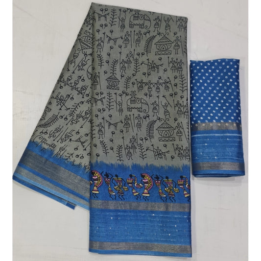 Amfyn Women's Cotton Printed Saree With Unstitched Blouse (Grey, 5-5 Mtrs)