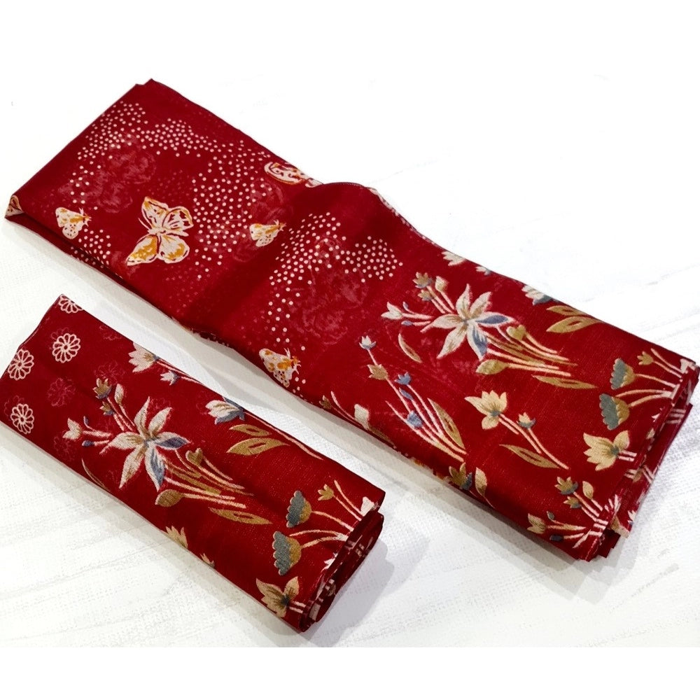 Amfyn Women's Cotton Printed Saree With Unstitched Blouse (Red, 5-5 Mtrs)