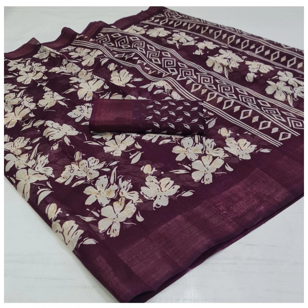Amfyn Women's Cotton Printed Saree With Unstitched Blouse (Wine, 5-5 Mtrs)