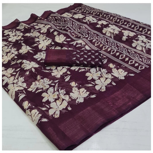 Amfyn Women's Cotton Printed Saree With Unstitched Blouse (Wine, 5-5 Mtrs)