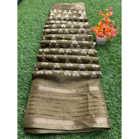 Amfyn Women's Art Silk Printed Saree With Unstitched Blouse (Brown, 5-5 Mtrs)