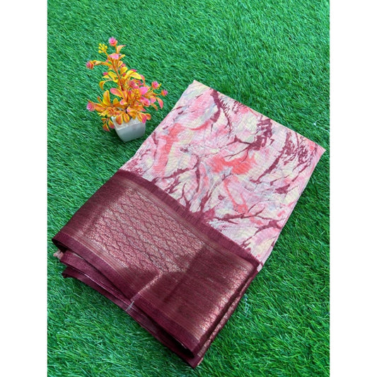 Amfyn Women's Cotton Printed Saree With Unstitched Blouse (Red, 5-5 Mtrs)