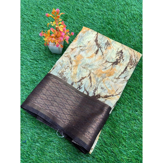 Amfyn Women's Cotton Printed Saree With Unstitched Blouse (Orange, 5-5 Mtrs)