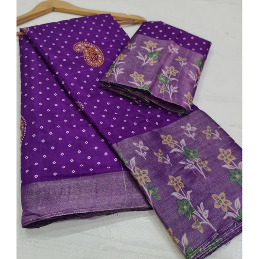 Amfyn Women's Cotton Silk Printed Saree With Unstitched Blouse (Purple, 5-5 Mtrs)