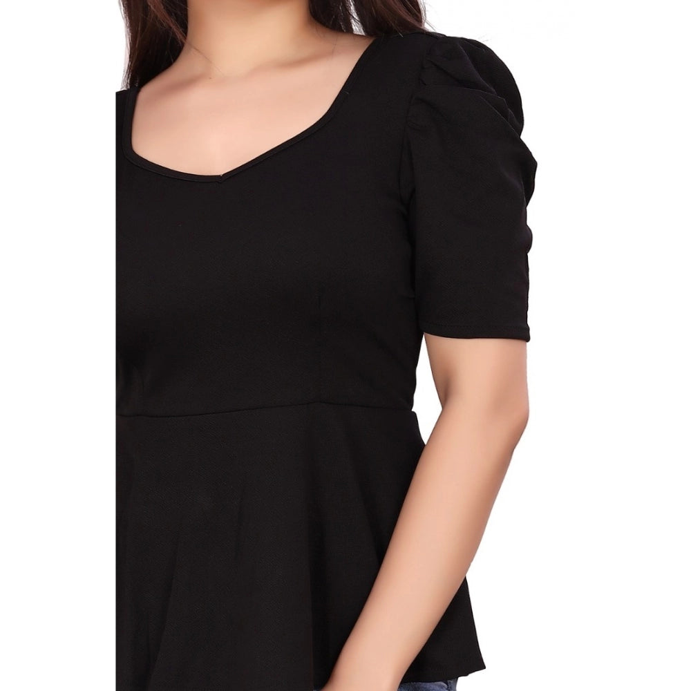Amfyn Women's Casual Puff Sleeves Lycra Blend Sweetheart Neck Top (Black)