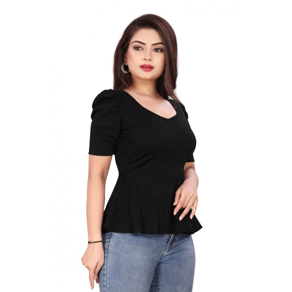 Amfyn Women's Casual Puff Sleeves Lycra Blend Sweetheart Neck Top (Black)